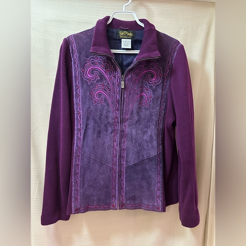 Vintage Bob Mackie Wearable Art Embroidered Leather Zip Jacket Women’s Large